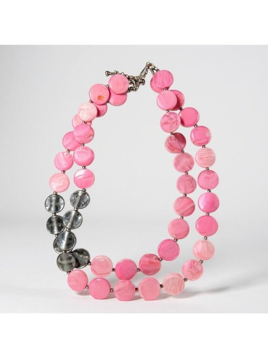 Madison Tyler Jewelry - Pink & Black Shell Disc Beaded Statement Necklace With Adjustable Lobster Clasp